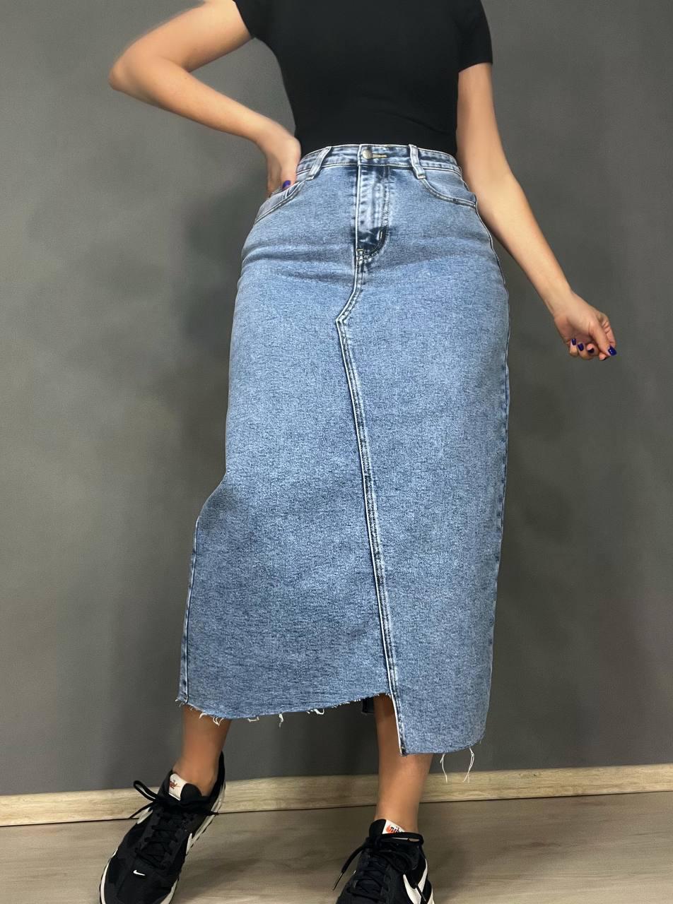 Юбка женская джинсовая Moss 503 длинная асимметричная с разрезом р. 28 Голубой (4079)