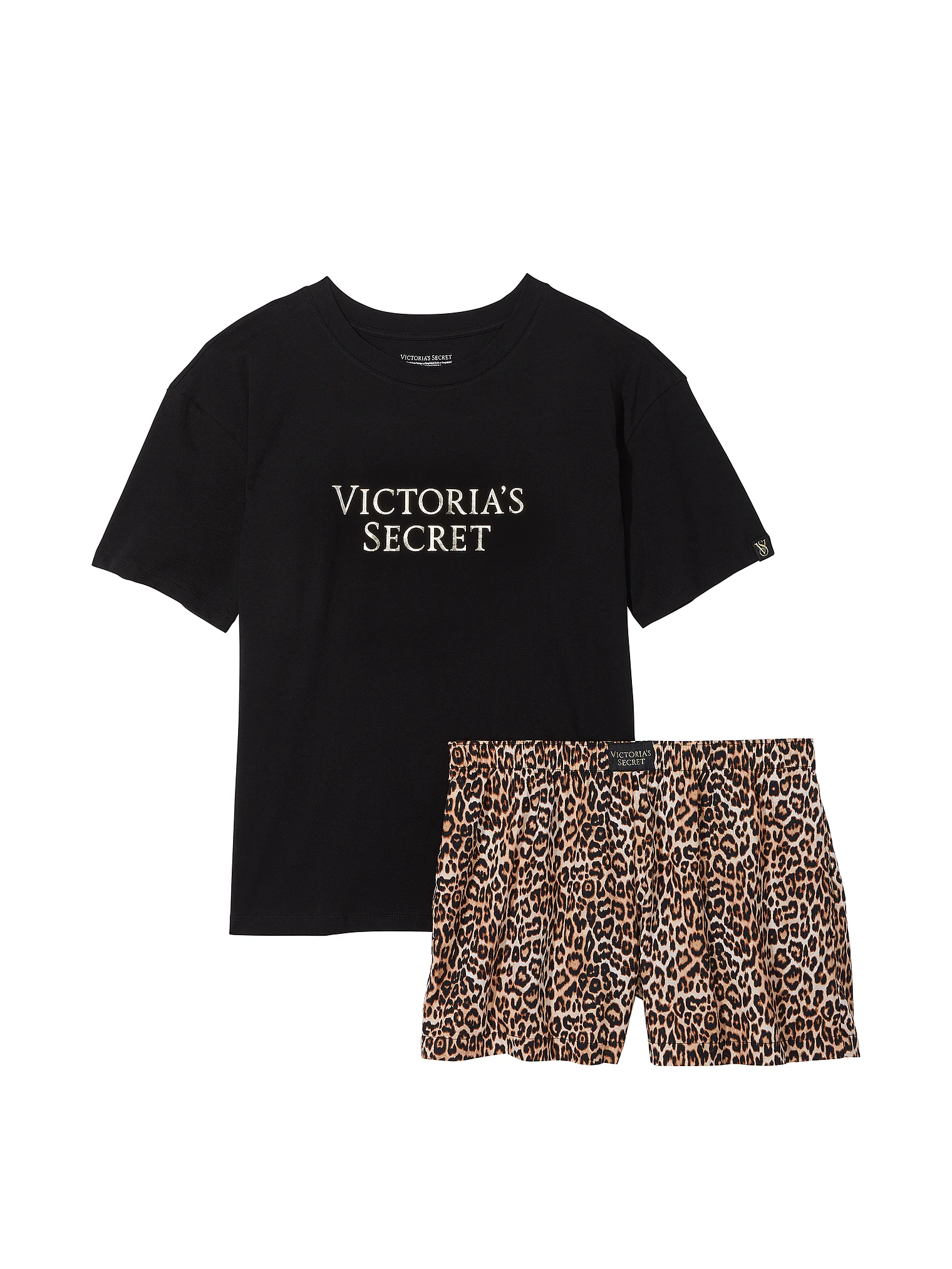 Піжама жіноча Victoria's Secret Cotton Short Tee-Jama Set бавовняна M Чорний з леопардовим (16014748) - фото 3