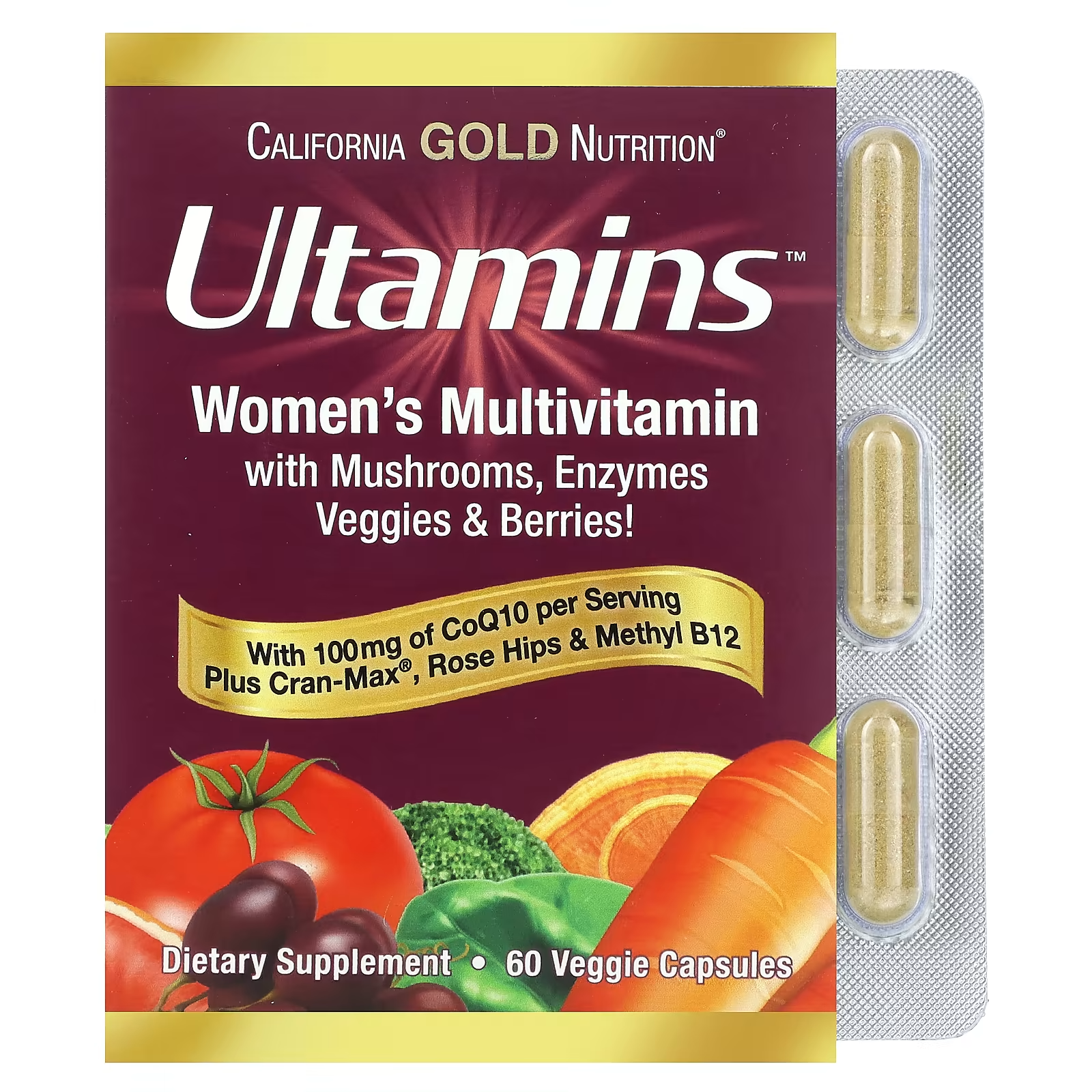 Мультивитамины California Gold Nutrition Ultamins для женщин с коэнзимом Q10 грибы ферменты овощи и ягоды 60 вег. капс.