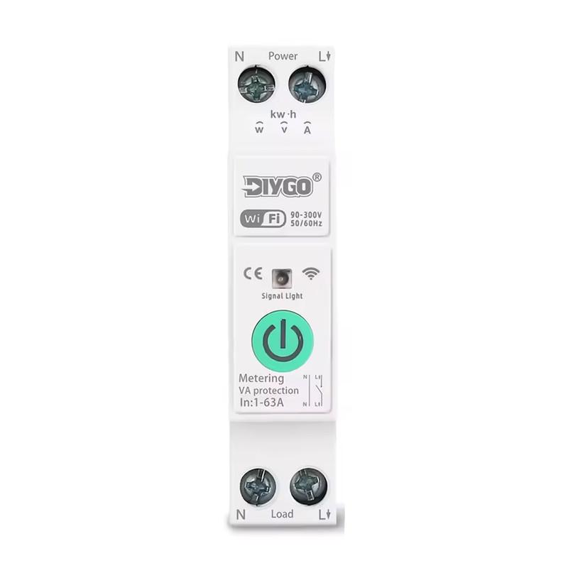 Умный WiFi выключатель DiyGo с полной защитой/счетчиками/таймером 1P+N 1-63A 230V Smart Life/Tuya (DGB-63TT)