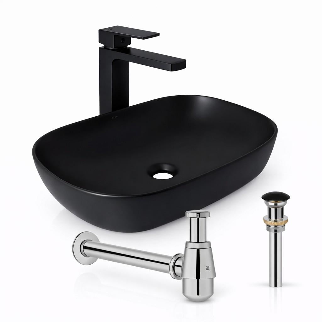 Комплект Qtap Robin 600×390 Matt Black накладна раковина/змішувач Gemini Black/донний клапан PU03/сифон (47296/32528/45678)