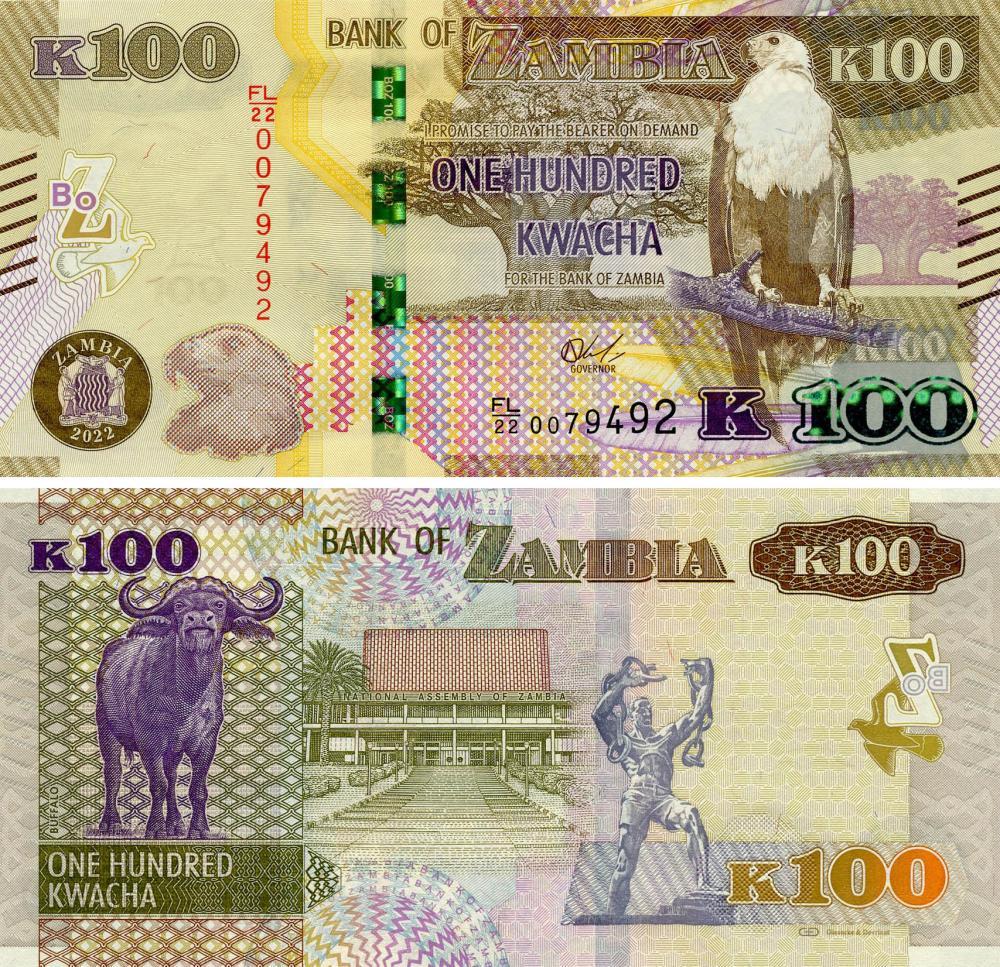 Коллекционная банкнота Замбия 100 квача 2022 UNC Буйвол Pnew (Б18160)