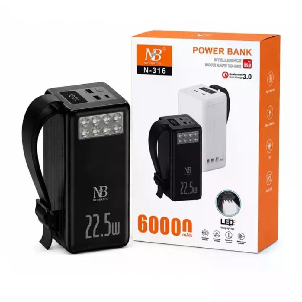Повербанк Neobatta N-316 60000 мАг 22,5 Вт із швидкою зарядкою двома USB Type-C дисплеєм та LED-ліхтариком Чорний (58612)