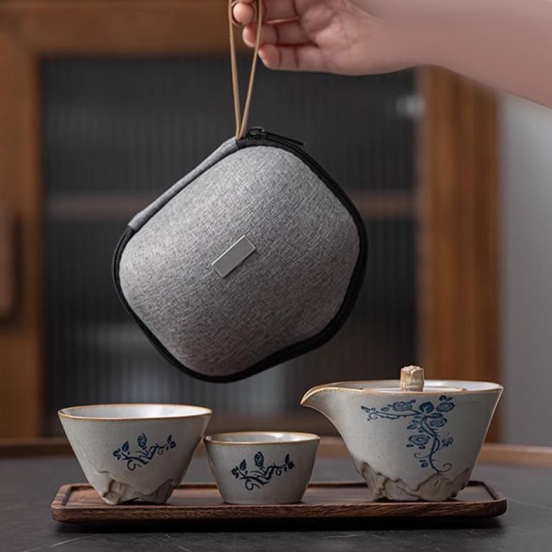 Сервіз для чаю дорожній Lesko 20240129 Гайвань керамічний з чохлом/підставкою та рушником 170 мл Gray/Blue (24366892) - фото 9