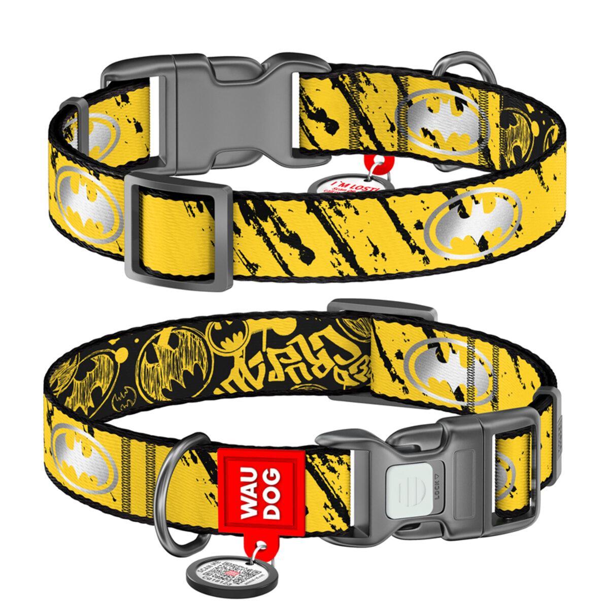 Ошейник для собак нейлоновый WAUDOG Nylon с QR паспортом светоотражающий Бэтмен эскиз пластиковый фастекс XL Ш 25 мм Д 37-58 см