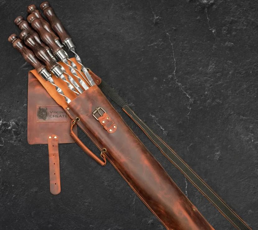 Подарочный набор шампуров в кожаном кейсе премиум-набор для шашлыка и барбекю Асгард Lite 6 предметов Рыжий