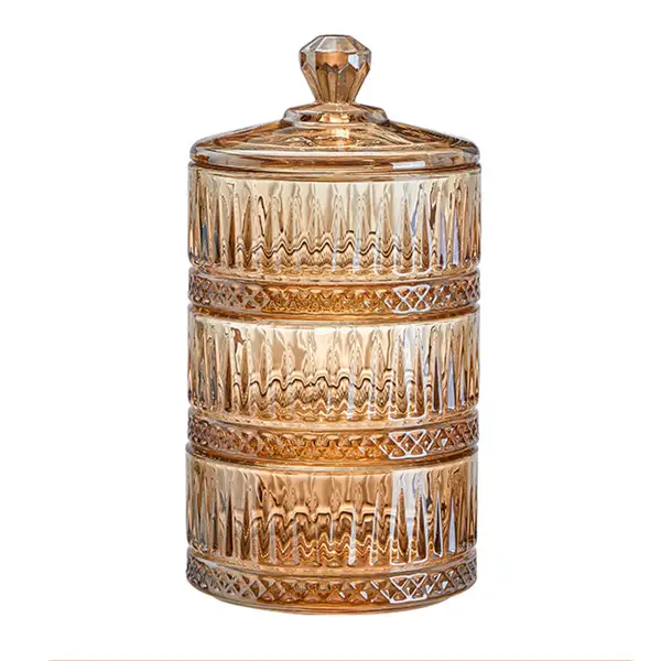 Цукерниця трирівнева YIWU HP-YH-73 скляна ребриста з кришкою Коричневий (149-107-HP-YH-73)