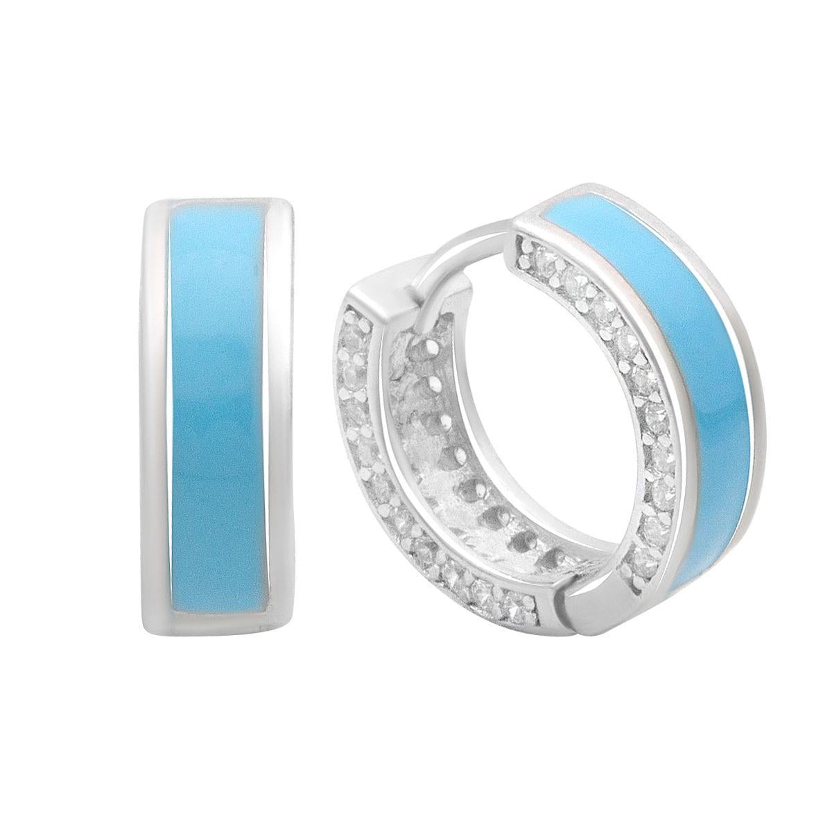 Серебряные серьги-кольца с голубой эмалью и фианитами