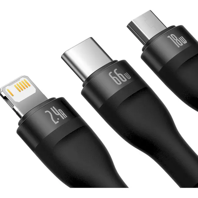 Кабель BASEUS Flash Series II 3в1 Cable USB to MicroUSB/Lightning/Type-C CASS040001 66W 1,2 м Black - фото 3