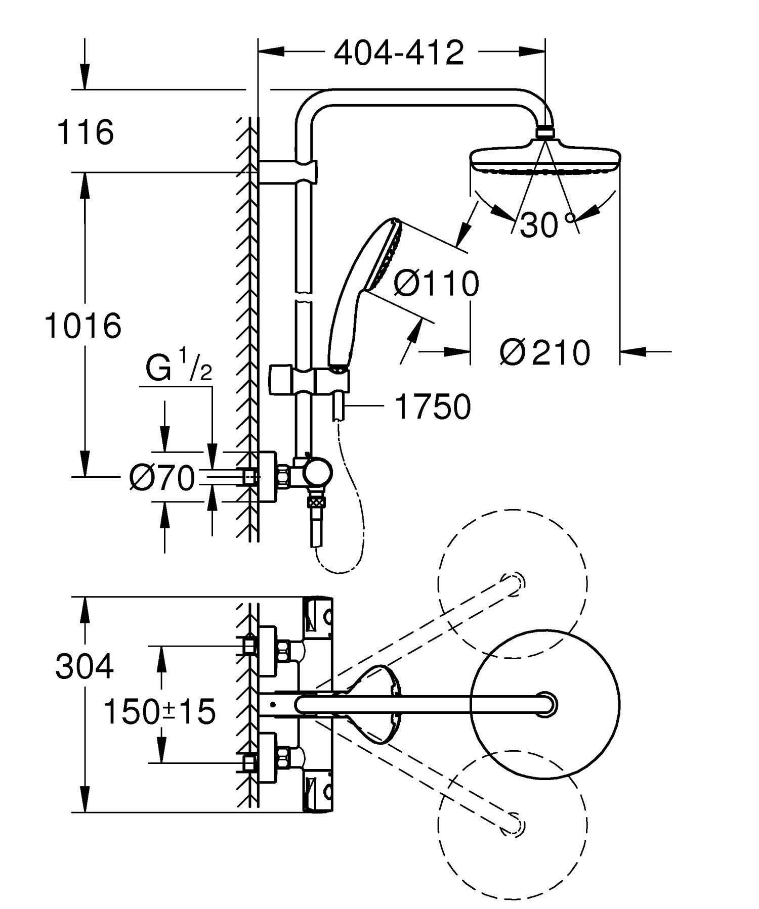 Душова система Grohe Tempesta System 210 з термостатом для настінного монтажу (26811001) - фото 4 Душова система Grohe Tempesta System 210 з термостатом для настінного монтажу (26811001) - фото 4