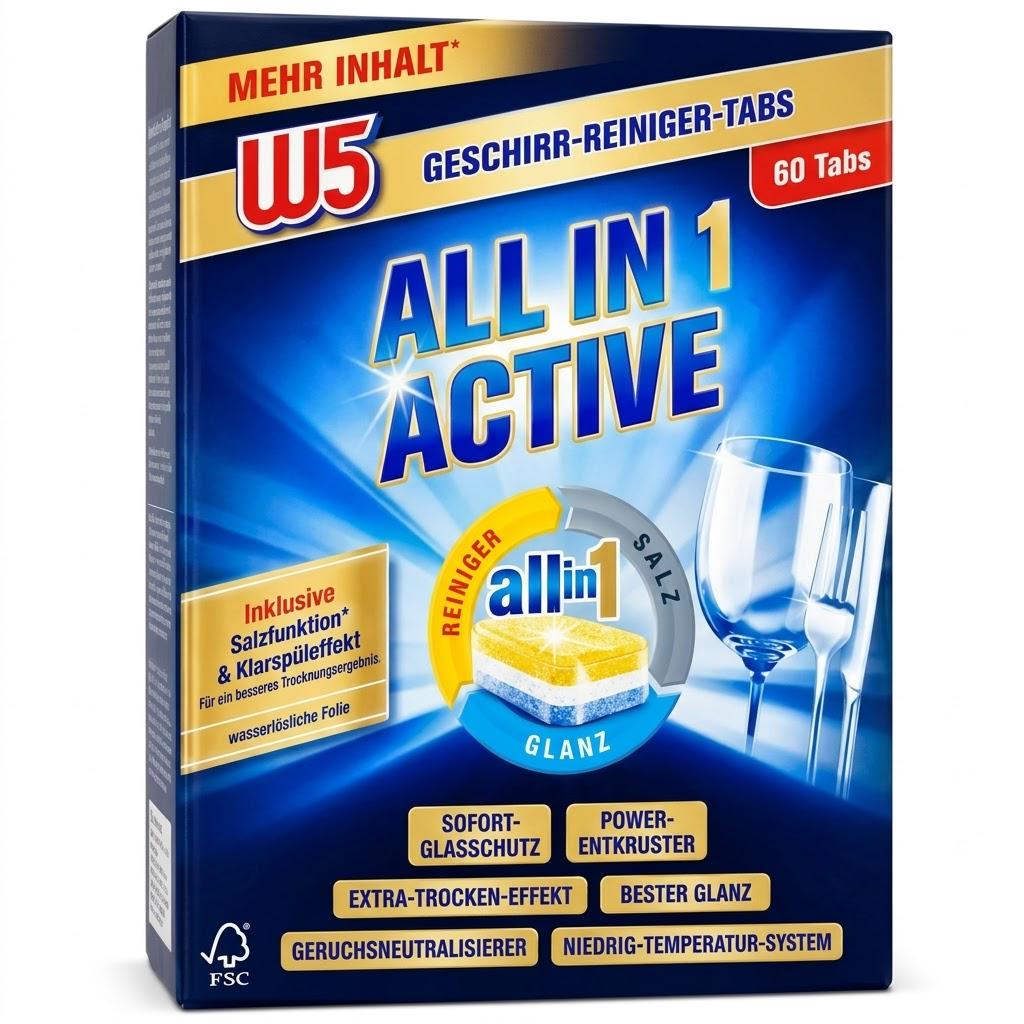 Таблетки для посудомоечной машины W5 All in 1 Active 1275 г 60 шт. (w123)