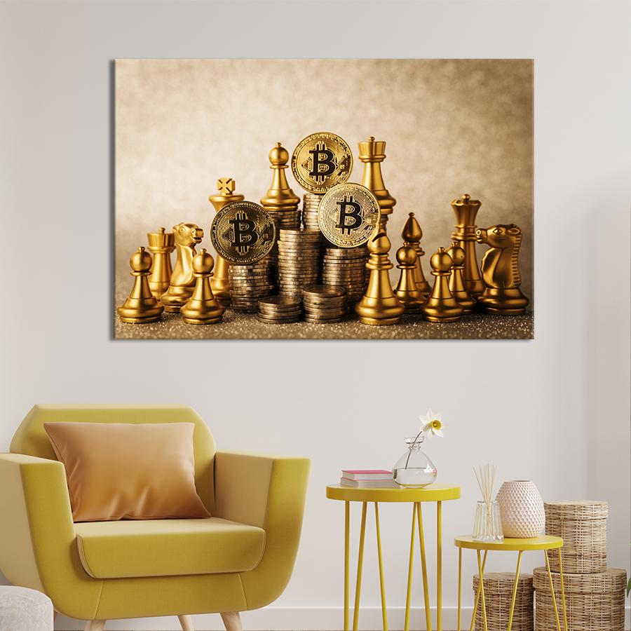 Настінний декор картина на холсті для інтер’єру Біткоїн та шахи 80x54 см (523-1)