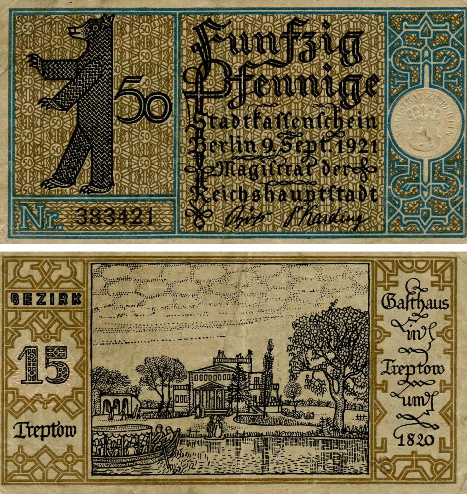 Коллекционная банкнота Германия Нотгельд 50 пфеннигов 1921 F-VF Берлин Разновидность 11 (Б18844)