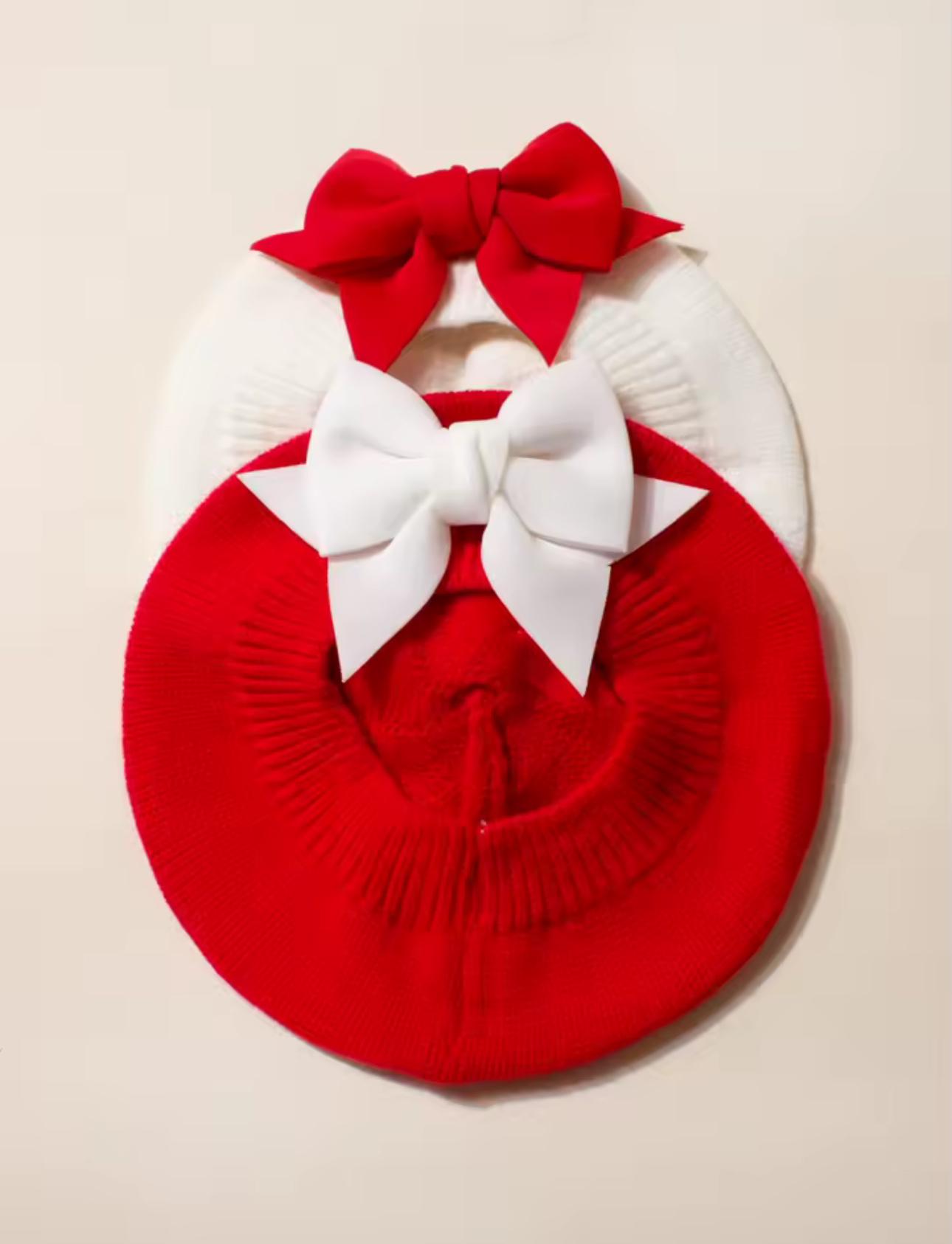 Набор из вязаных детских беретов с бантом 1-3 года 46-52 см Бело-красный