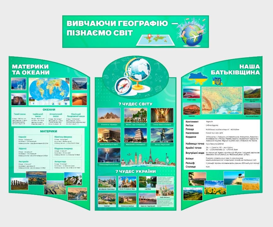 Стенд для учебных заведений "Вивчаючи географію-пізнаємо світ" из ПВХ 1560х1200 мм (KG0011) Стенд для учебных заведений "Вивчаючи географію-пізнаємо світ" из ПВХ 1560х1200 мм (KG0011)