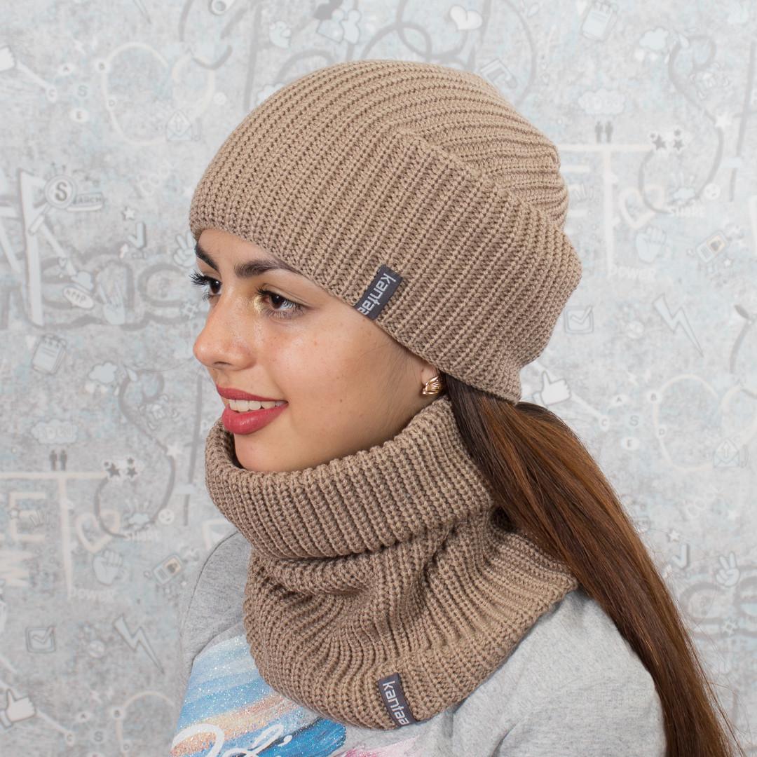 Комплект вязаный КАНТА MOD 8 шапка и снуд на флисе унисекс Беж (OC-463)
