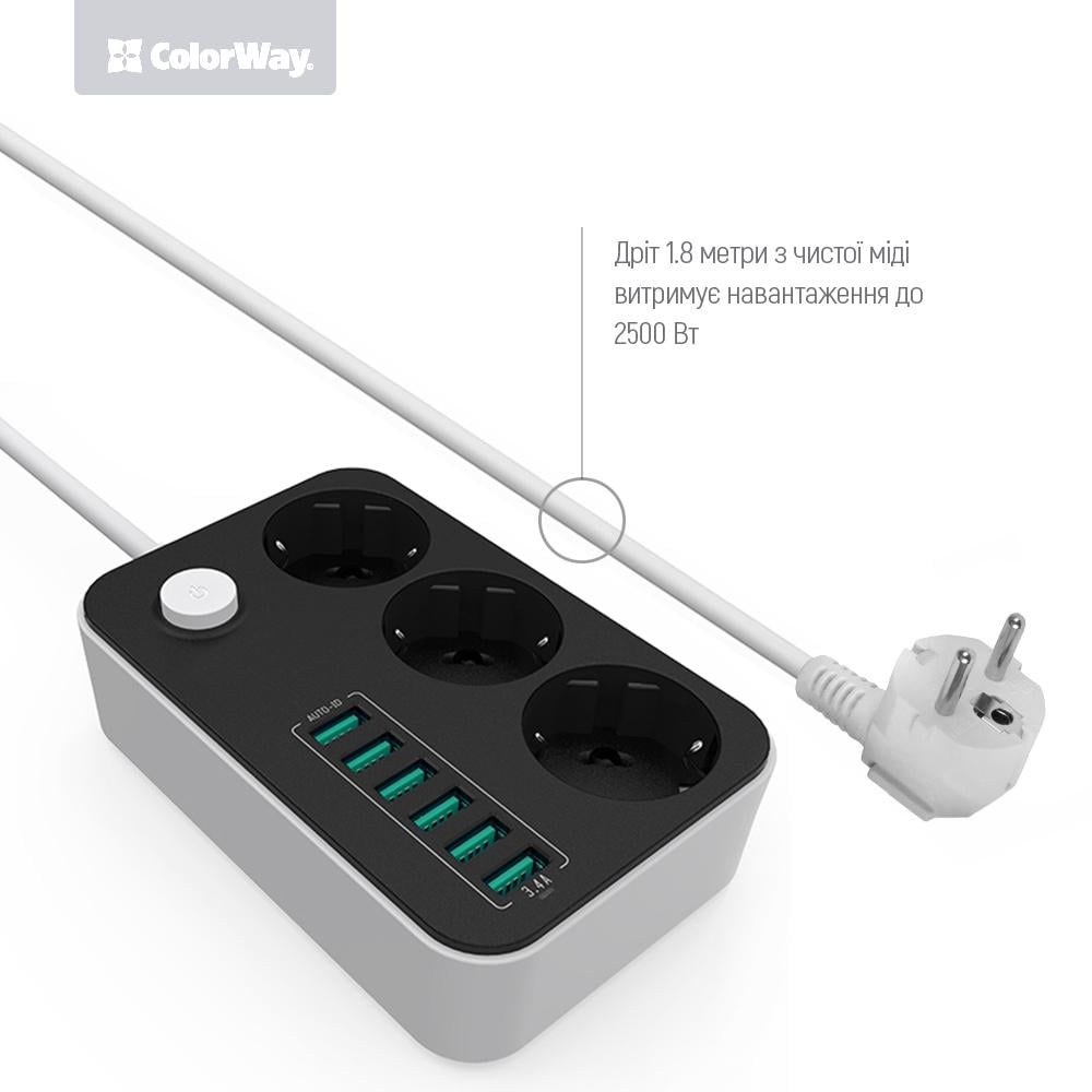 Фильтр-удлинитель сетевой СolorWay 3 розетки/6 USB Black (CW-CHE36B) - фото 8