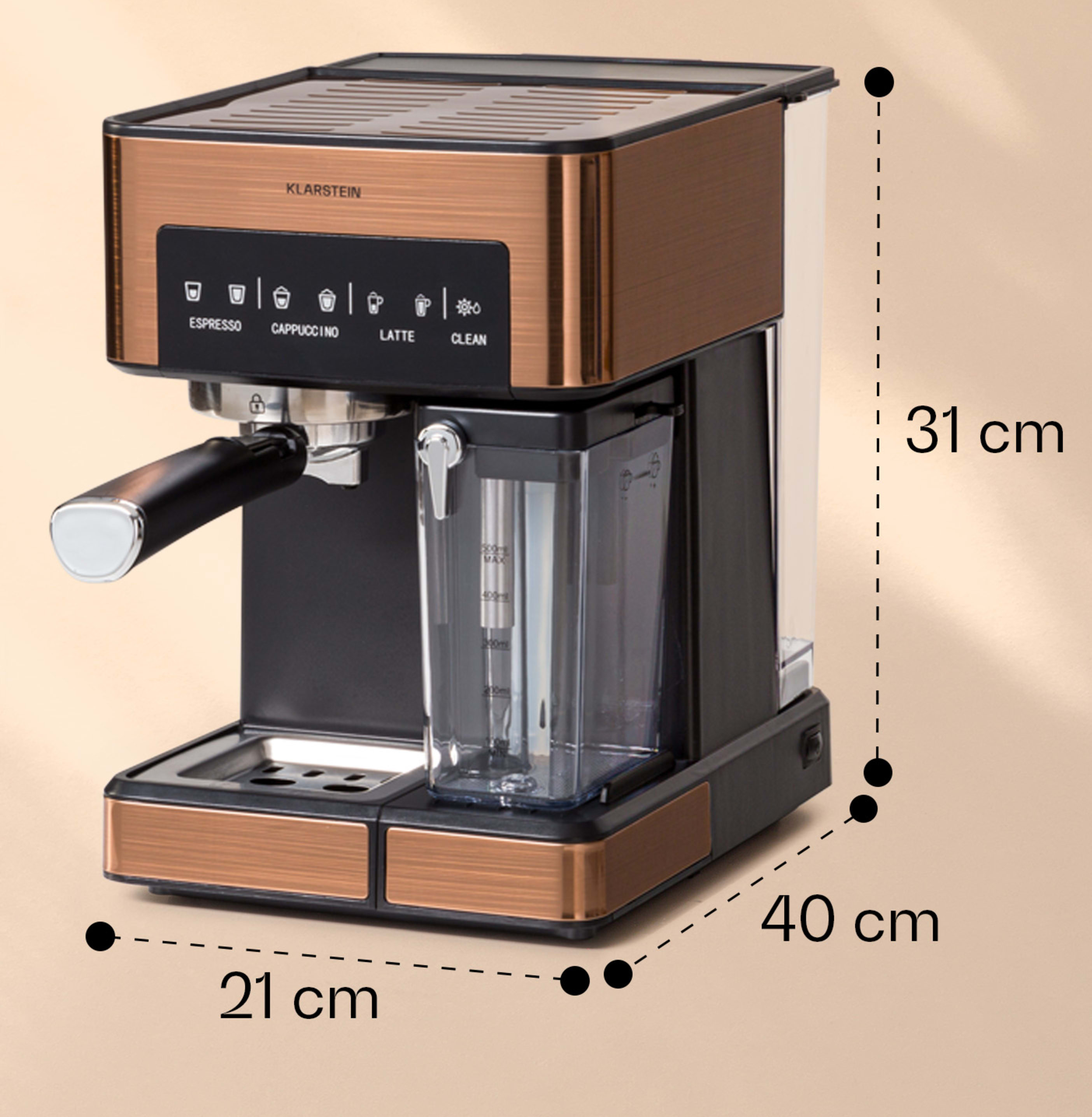 Кофеварка KLARSTEIN Arabica Comfort сенсорная панель 1350W 20 бар 1,8 л Бронзовый (10041524) - фото 7 Кофеварка KLARSTEIN Arabica Comfort сенсорная панель 1350W 20 бар 1,8 л Бронзовый (10041524) - фото 7