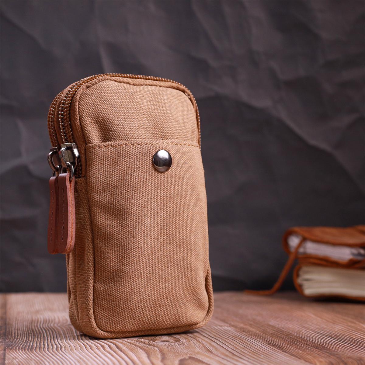 Мужская сумка-чехол на пояс Vintage Bag 22225 из текстиля с металлическим карабином Коричневый - фото 7