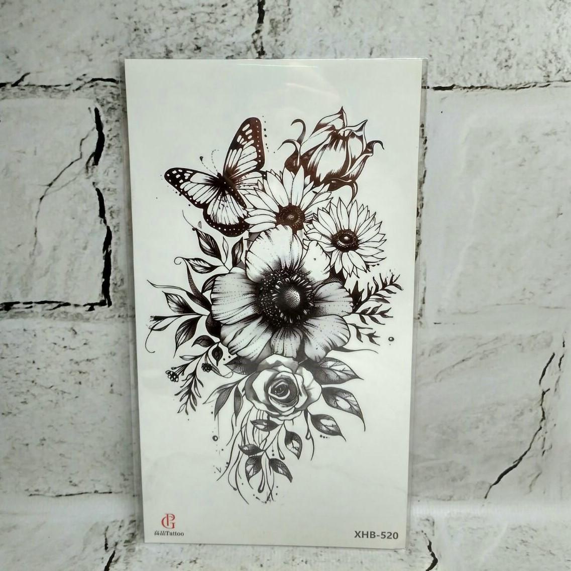 Тату временное Бабочка с цветами лист 11,5x21 см (XHB-520)