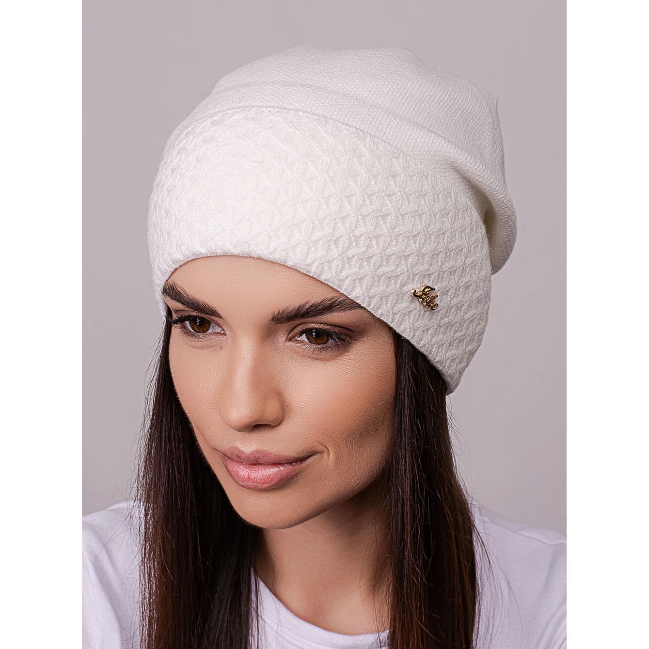 Шапка женская Leks ПОЭЗИЯ шерстяная утепленная флисом с узором на отвороте сзади сцеплена one size Молочный (258492)