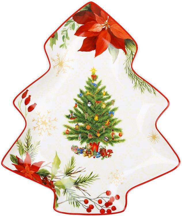Тарілка сервірувальна порцелянова Christmas Story у формі ялинки 25х22 см Білий з червоним