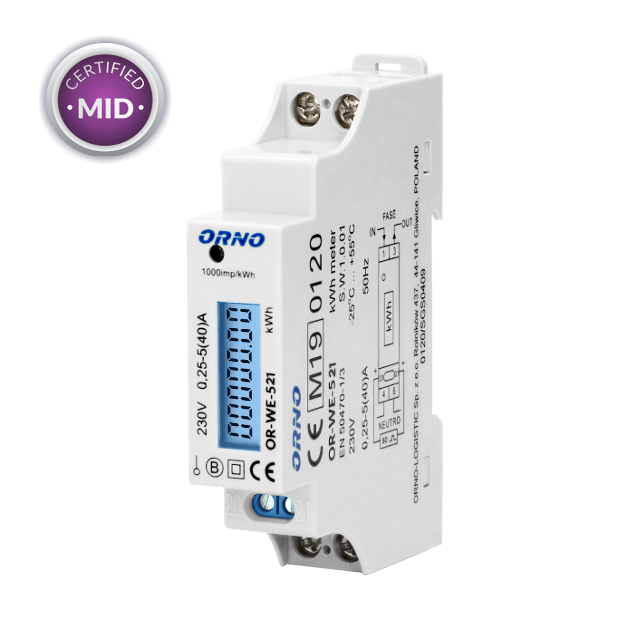 Счетчик электроэнергии 1F 40A OR-WE-521 на DIN-рейке TH-35 (1494317496)