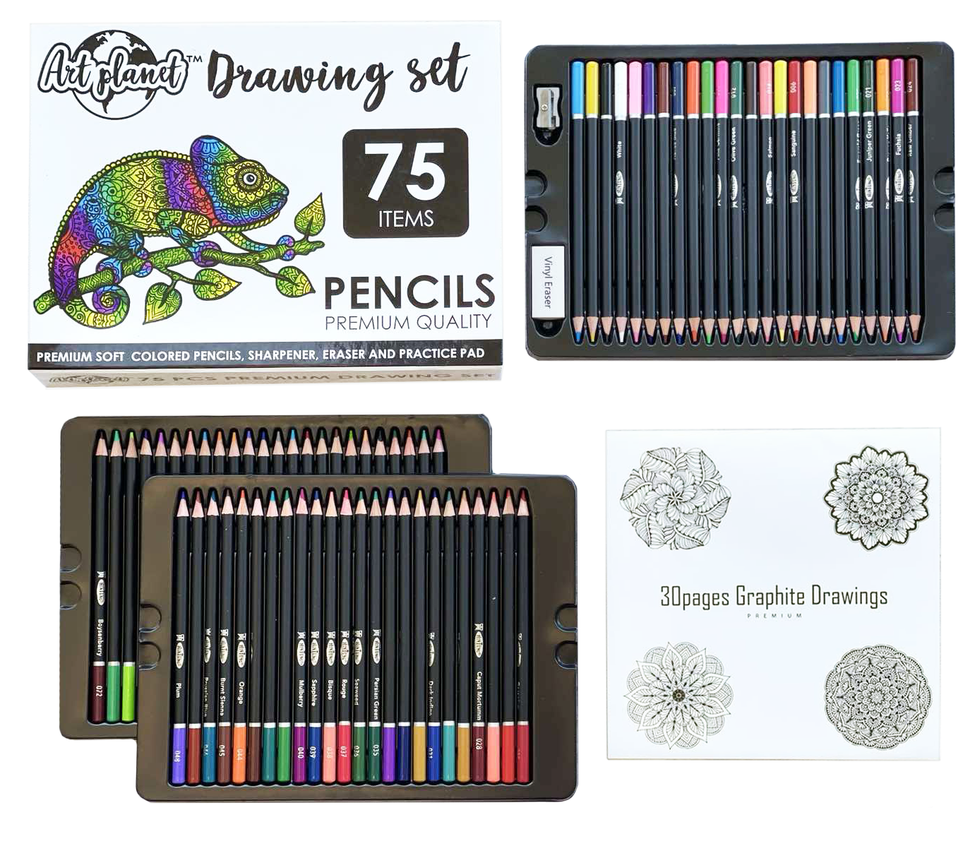 Набор карандашей + ластик + точилка + разрисовка мандала Art Planet 30 листов большой