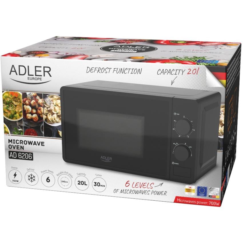 Микроволновая печь Adler AD 6206 механическое управление ручка 20 л 700 Вт Black (AD6206) - фото 6 Микроволновая печь Adler AD 6206 механическое управление ручка 20 л 700 Вт Black (AD6206) - фото 6