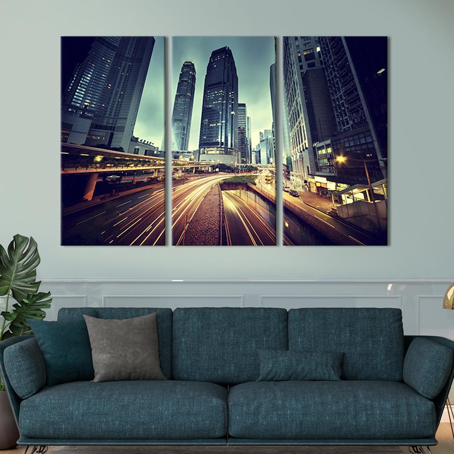 Модульная картина триптих Дорога среди ночных небоскрёбов 156x100 см (350-31)