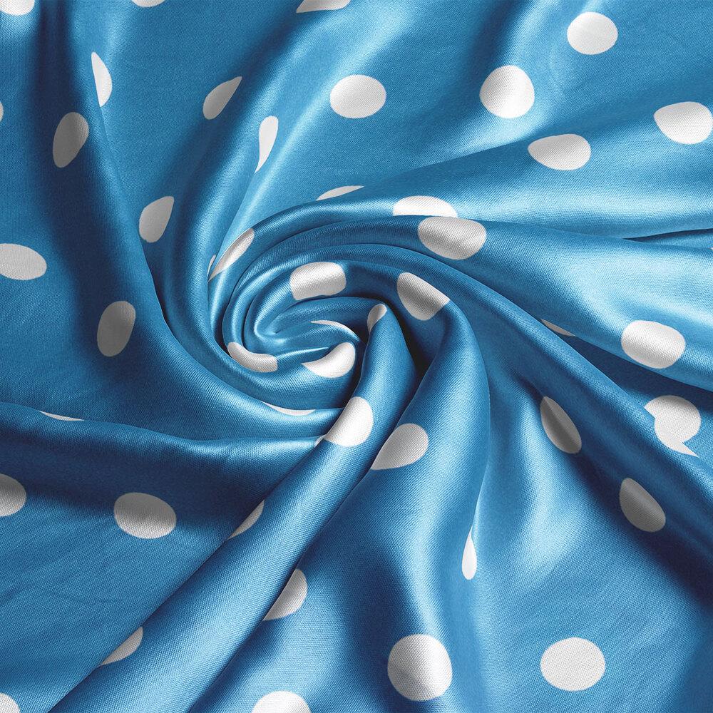 Ткань плательная атлас шелк стрейч горошок темно блакитний