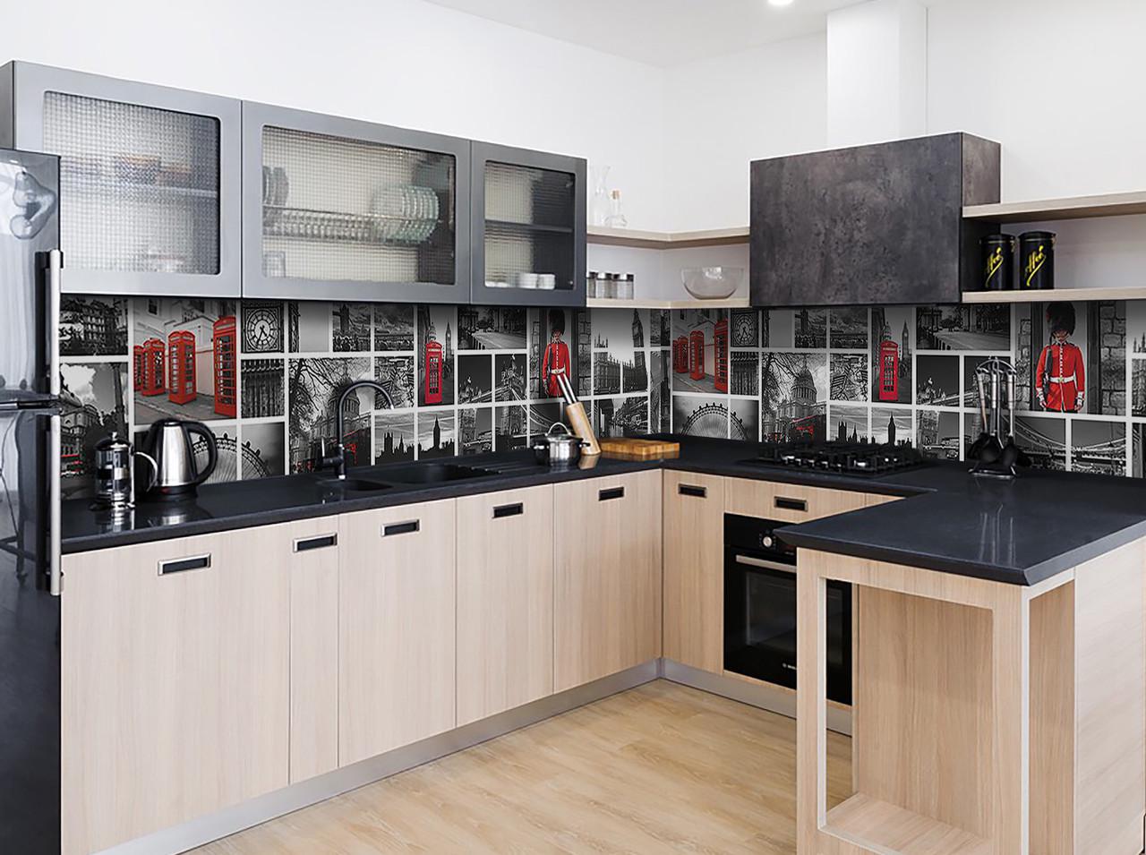 Кухонный фартук Величие Лондона коллаж из самоклеющейся виниловой пленки 65х250 см Серый