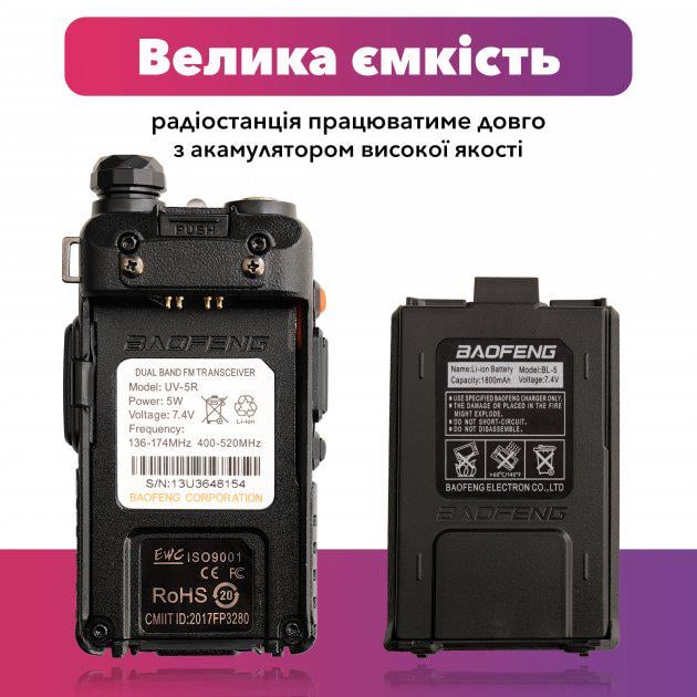 Набор из раций Baofeng UV-5R UHF/VHF 5 Вт 1800 мАч 2 шт. и ремешка на шею Mirkit (008505) - фото 3