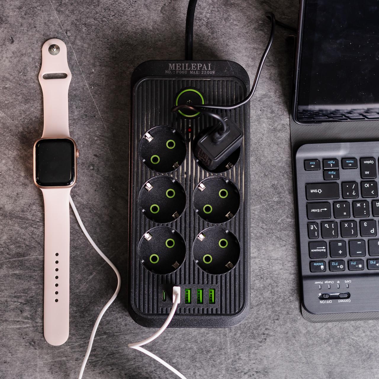 Фільтр мережевий подовжувач F06U на 6 розеток 4 USB 1 Type-C та кнопкою відключення HP-5-24 3 м Чорний (A-034385) - фото 2