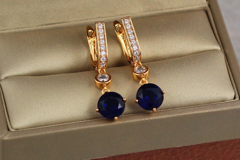 Серьги подвески Xuping Jewelry с синим круглым камнем 3,1 см Золотистый