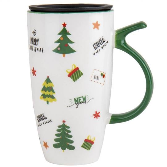 Чашка новогодняя с крышкой Magical Winter из керамики 550 мл Белый (150-81-9151-012.1)