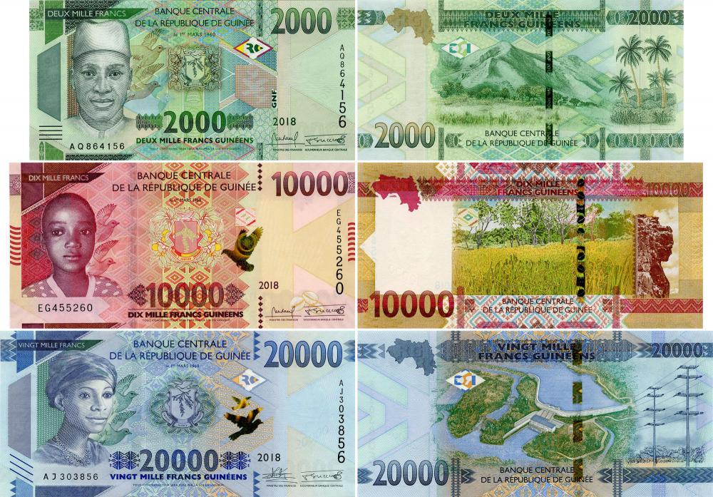 Коллекционная банкнота Гвинея набор из 3 банкнот 2018 года UNC 2000/10000/20000 франков Pnew (Б11102)