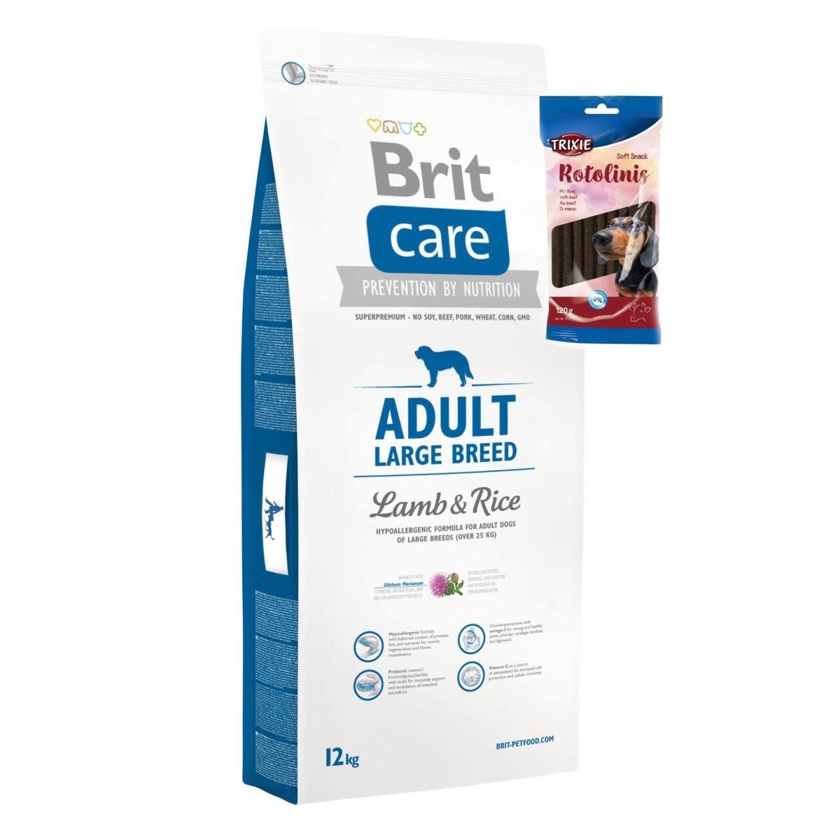 Корм Brit Care Large Breed Lamb&Rice с рисом и ягненком для взрослых собак крупных пород 12 кг и палочки с говядиной 120 г