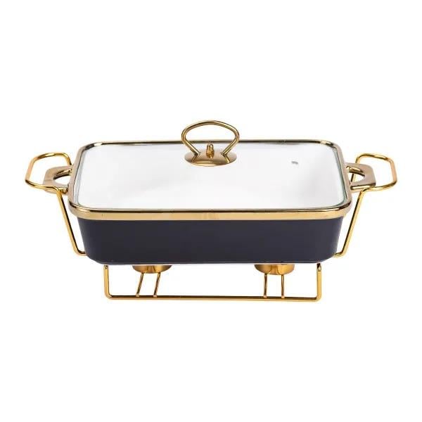 Мармітниця порцелянова прямокутна з металевою підставкою та прозорою скляною кришкою 1,5 л Чорний (HTJ-1002)