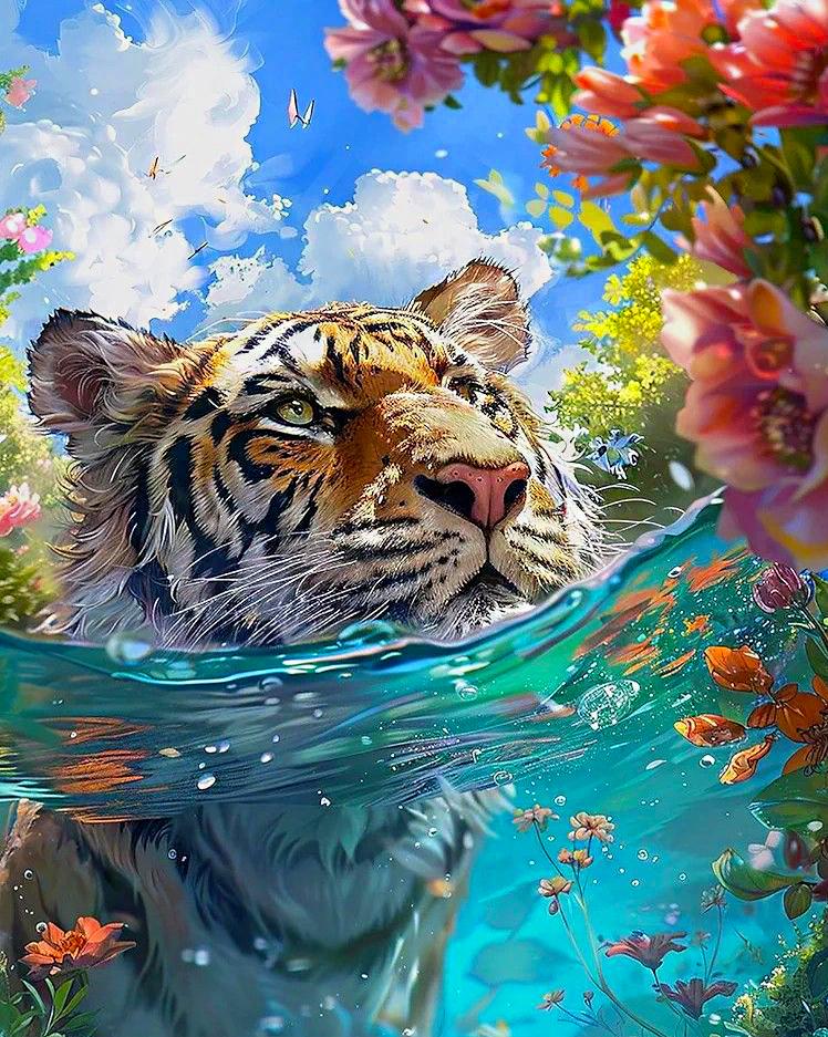 Алмазна мозаїка MY-Art Тигр плаває на підрамнику круглі алмази 40х50 см (AR-3298)