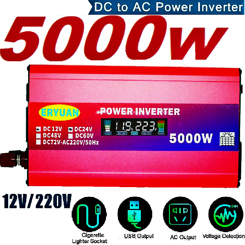 Інвертор автомобільний ERYUAN 12V-220V 5000W з LCD дисплеем та вольтметром (21039357) - фото 2 Інвертор автомобільний ERYUAN 12V-220V 5000W з LCD дисплеем та вольтметром (21039357) - фото 2