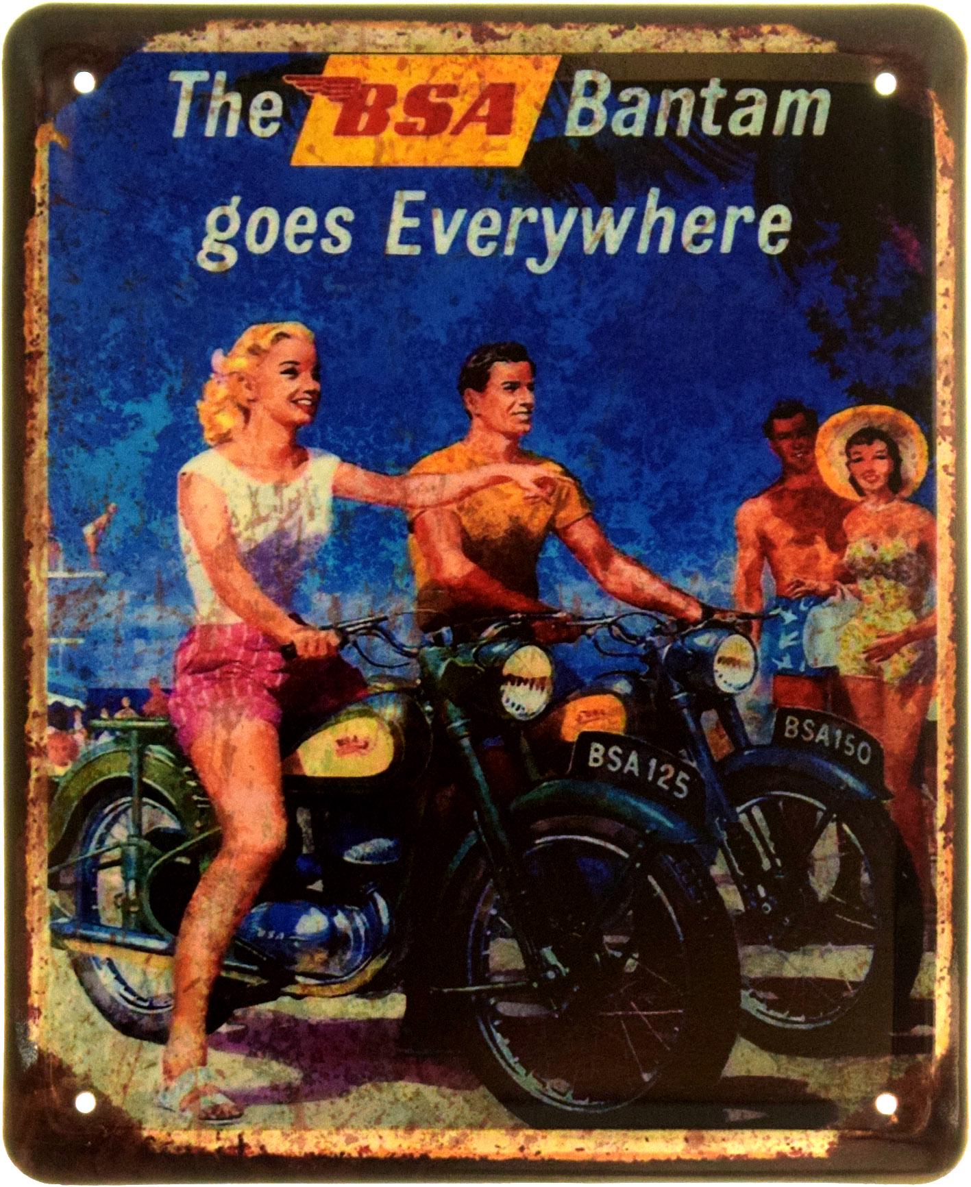 Табличка металлическая "The BSA Bantam Goes Everywhere" 18x22 см (ms-103911)