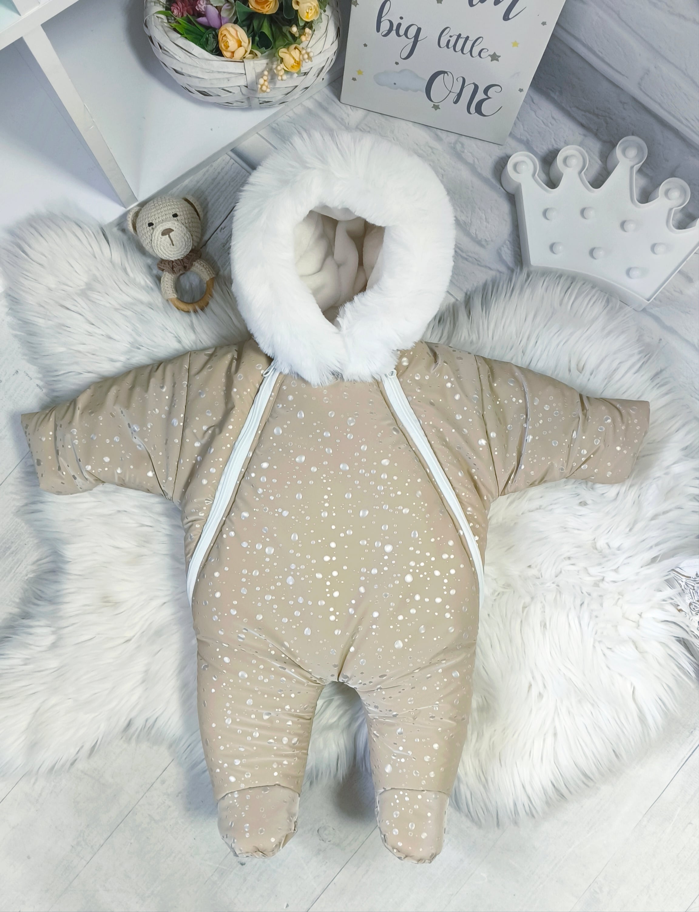 Детский зимний комбинезон ElLiz_kids Капля на бахроме 0-4 месяца Бежевый (Kraplia-beg)