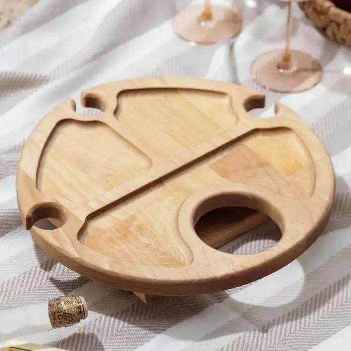 Менажница круглая из ясеня 3 секции с отделениями для бокалов и бутылки 35 см (ст-42)