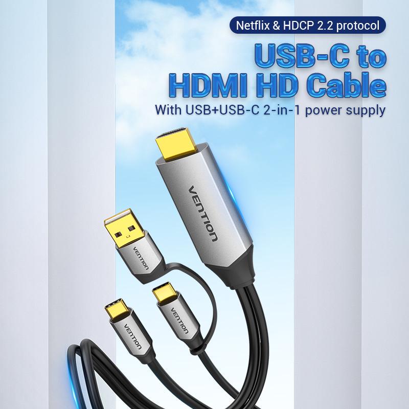 Кабель Vention Type-C-HDMI 4K 60Hz з Додатковим живленням Type-C + USB Thunderbolt 3 UHD USB-C HDCP 2.2 1,5 м Чорний (CGXBG) - фото 2