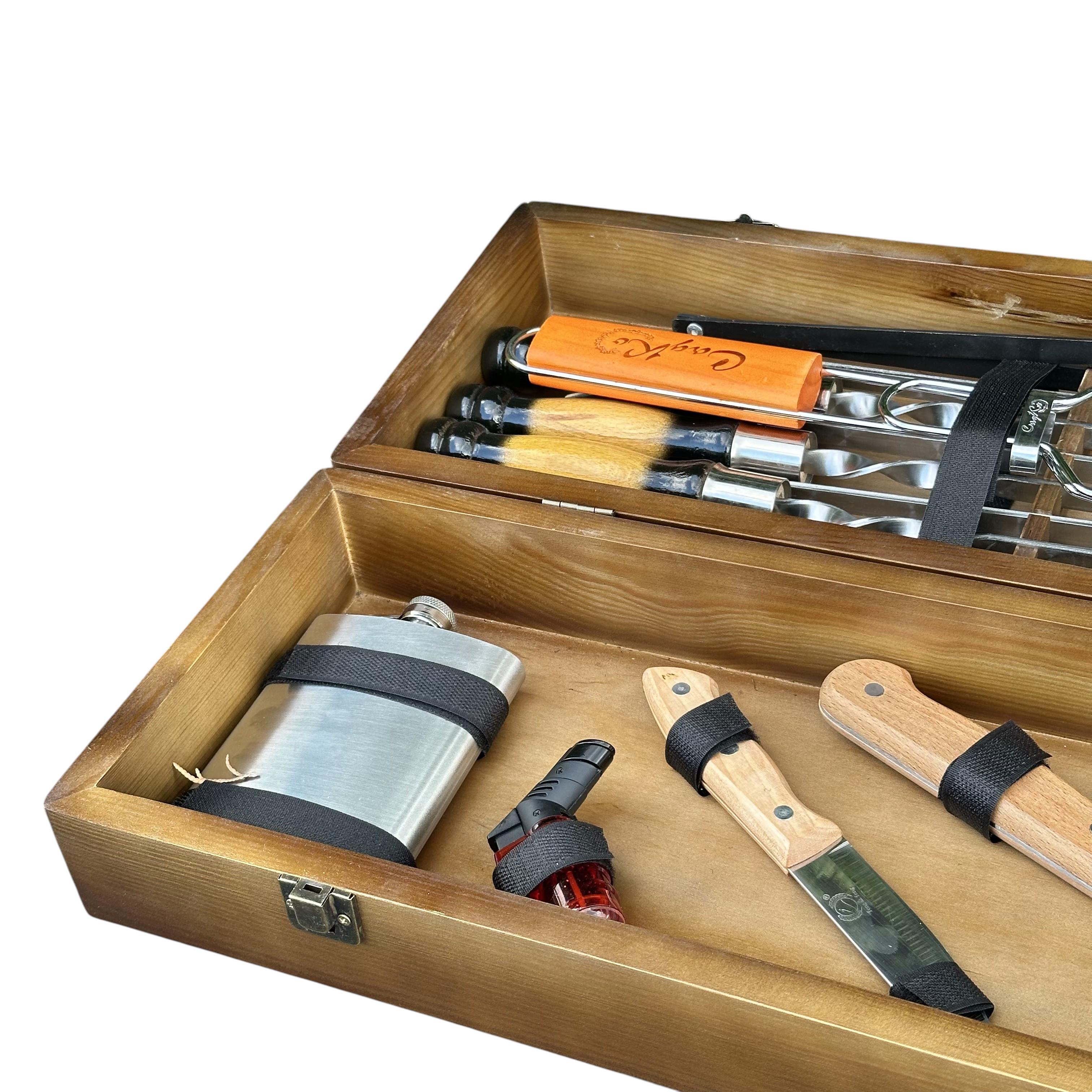 Подарунковий набір шампурів Mzavod Майстер BBQ із нержавіючої сталі в дерев’яному кейсі 720x120x210 мм 20 пр. (136-17-1190210000811) - фото 6