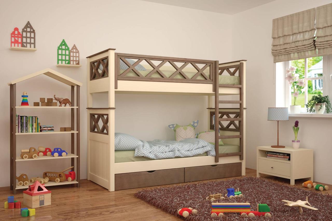 Кровать детская двухъярусная с ящиками Mebigrand Мальта 80х190 см Айвори/Орех лесной (DMBG-2305)