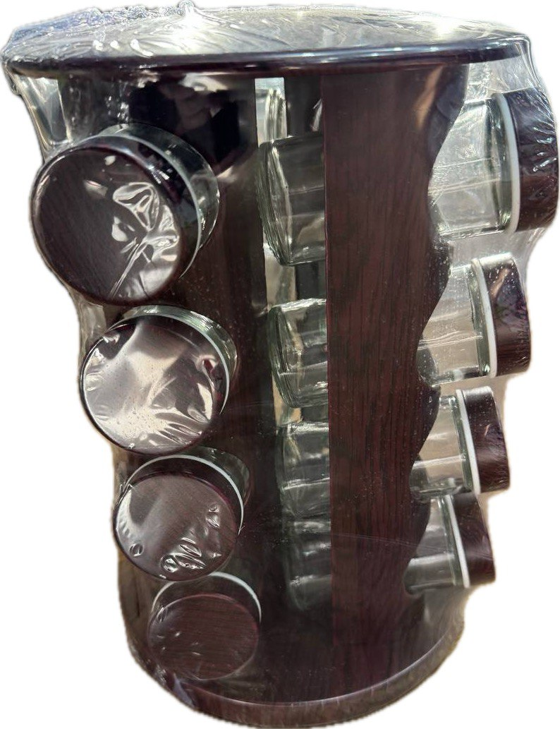 Набор для специй на круглой вращающейся подставке 16 стеклянных емкостей Темное дерево