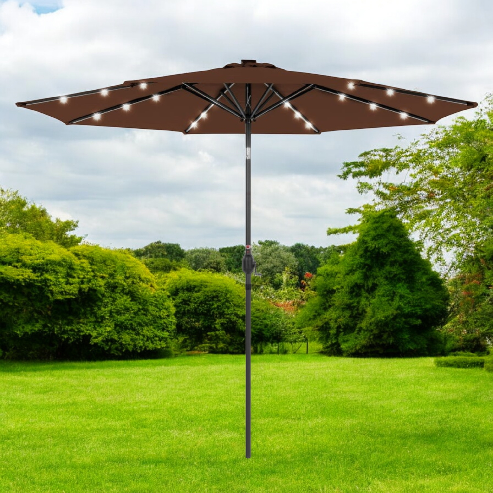 Садова парасолька кругла з регульованим кутом нахилу WCG з LED-підсвічуванням сонячною панеллю та чохлом 3 м Коричневий (W-7016BR1)