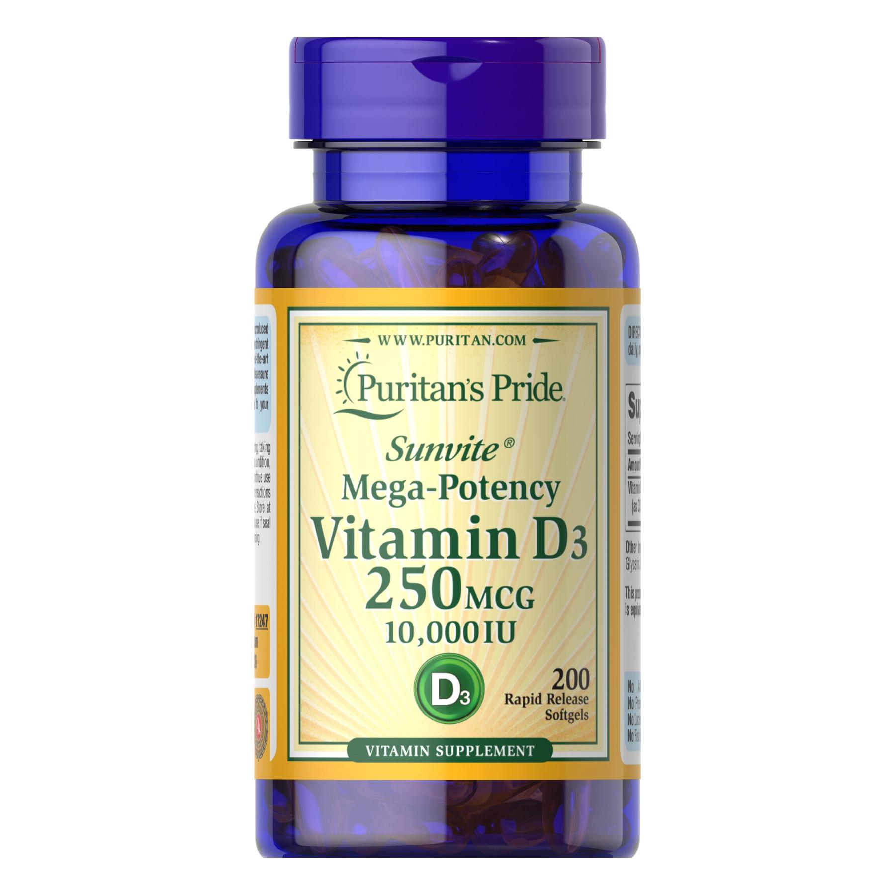 Витамин D3 250 mcg 10000 IU Mega-Potency 200 softgels (100-74-9918088-20)